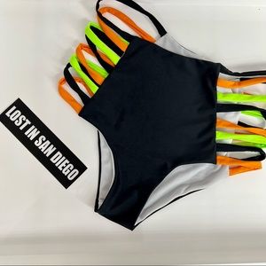 Neon Green and Orange Black Bikini Bottoms Size Large